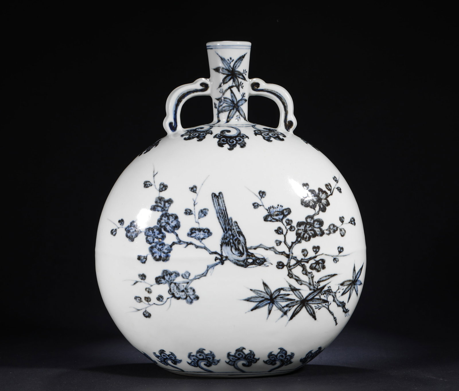 BLUE AND WHITE FLOWER-AND-BIRD MOON-HUGGING VASE: BLUE AND WHITE FLOWER-AND-BIRD MOON-HUGGING VASE (35 x 24cm)