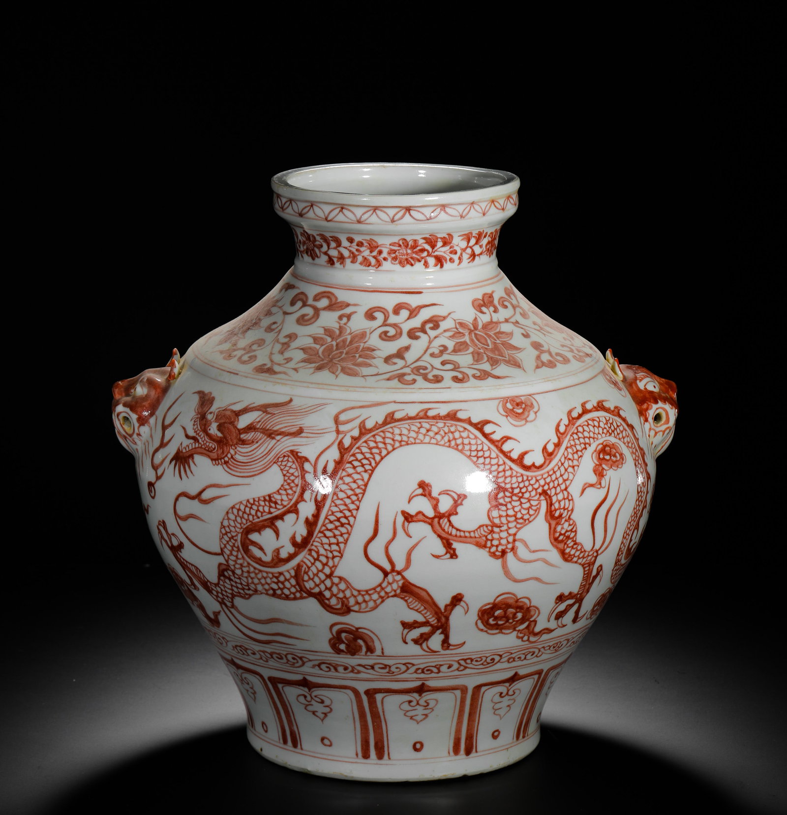 UNDERGLAZE RED DRAGON-PATTERNED BEAST EAR JARS: UNDERGLAZE RED DRAGON-PATTERNED BEAST EAR JARS (38 x 38cm,Weight:5870g)