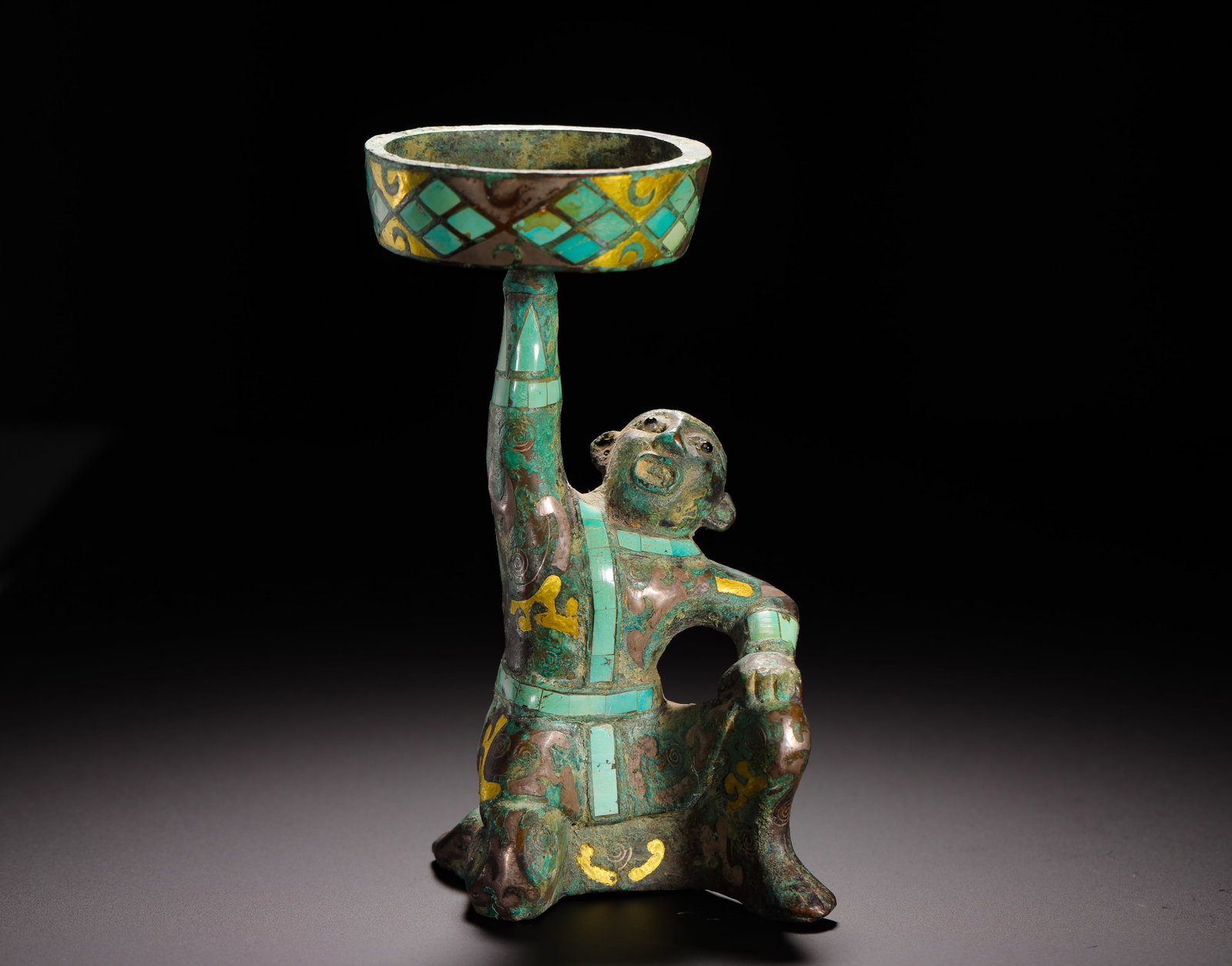 BRONZE FIGURE LAMP WITH GOLD INLAID WITH TURQUOISE: BRONZE FIGURE LAMP WITH GOLD INLAID WITH TURQUOISE (13 x 7cm,Weight:420g)