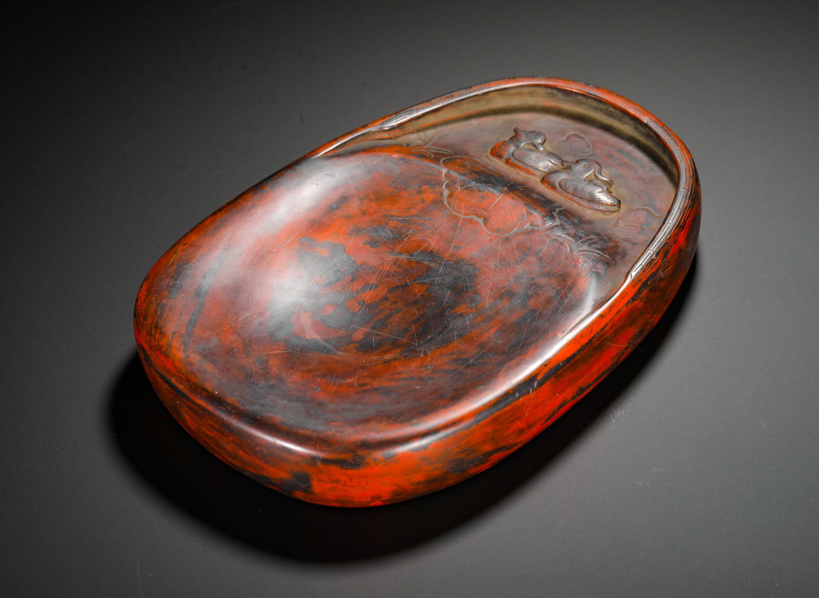 CINNABAR DUAN INKSTONE FROM THE COLLECTION OF LI CHENGLIN: CINNABAR DUAN INKSTONE FROM THE COLLECTION OF LI CHENGLIN (23 x 16cm,Weight:2680g)