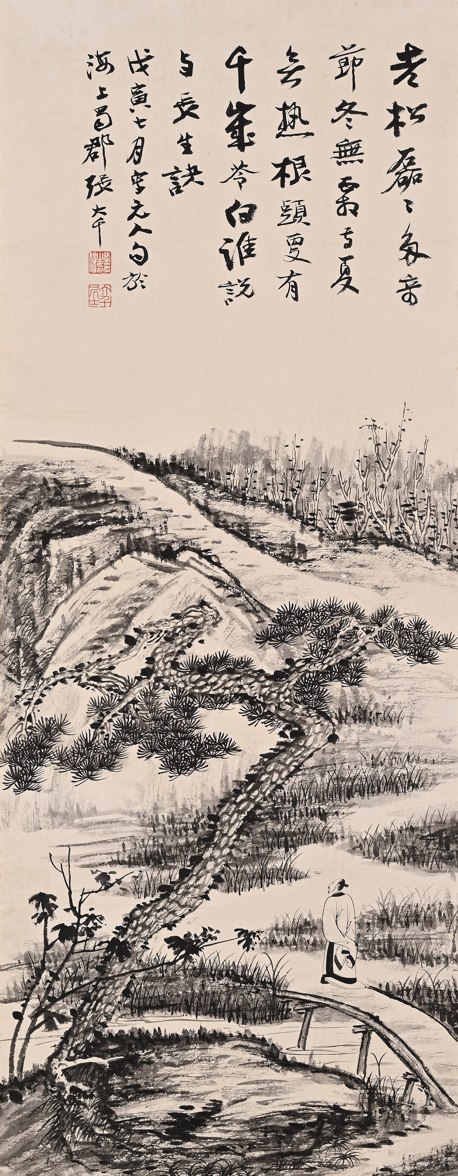 ZHANG DAQIAN (1899-1983) INK-WASH STREAM MOUNTAIN SCHOLAR STANDING SCROLL: ZHANG DAQIAN (1899-1983) INK-WASH STREAM MOUNTAIN SCHOLAR STANDING SCROLL (104 x 40cm)
