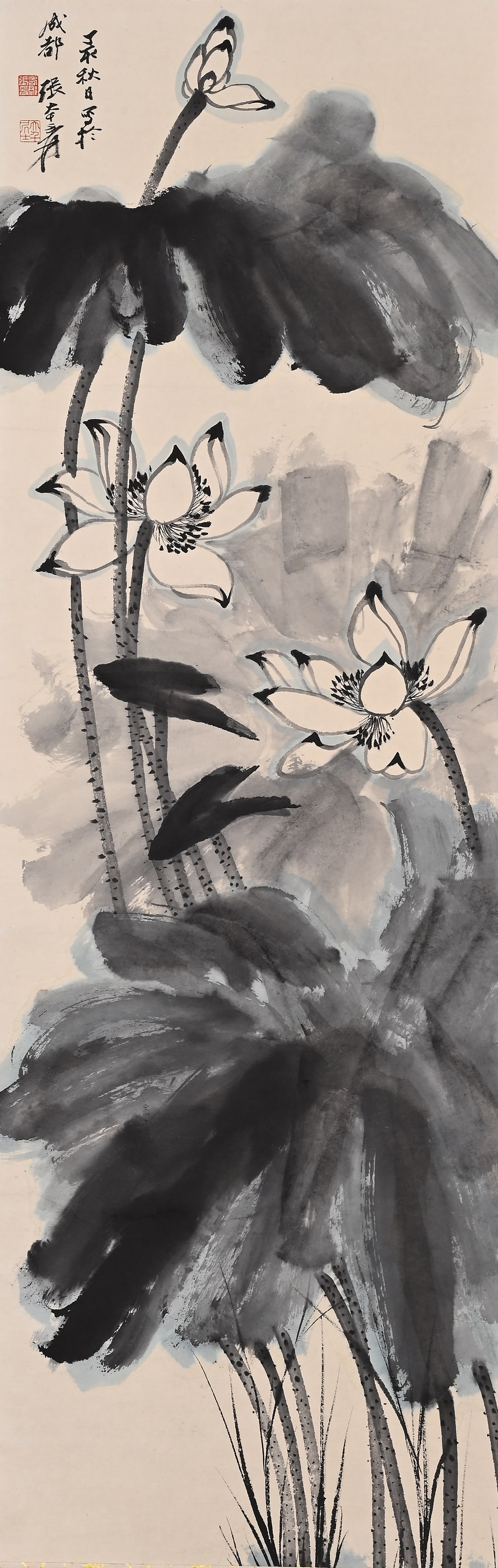 ZHANG DAQIAN (1899-1983) WATERCOLOR LOTUS STANDING SCROLL: ZHANG DAQIAN (1899-1983) WATERCOLOR LOTUS STANDING SCROLL (126 x 43cm)
