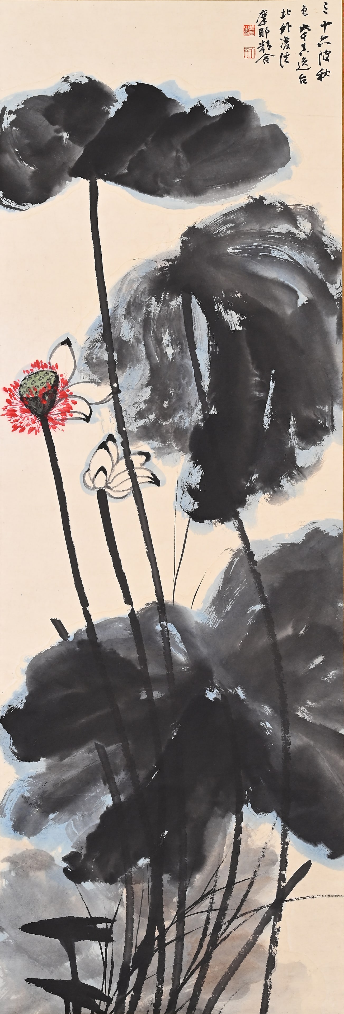 ZHANG DAQIAN (1899-1983) WATERCOLOR LOTUS STANDING SCROLL: ZHANG DAQIAN (1899-1983) WATERCOLOR LOTUS STANDING SCROLL (129 x 43cm)