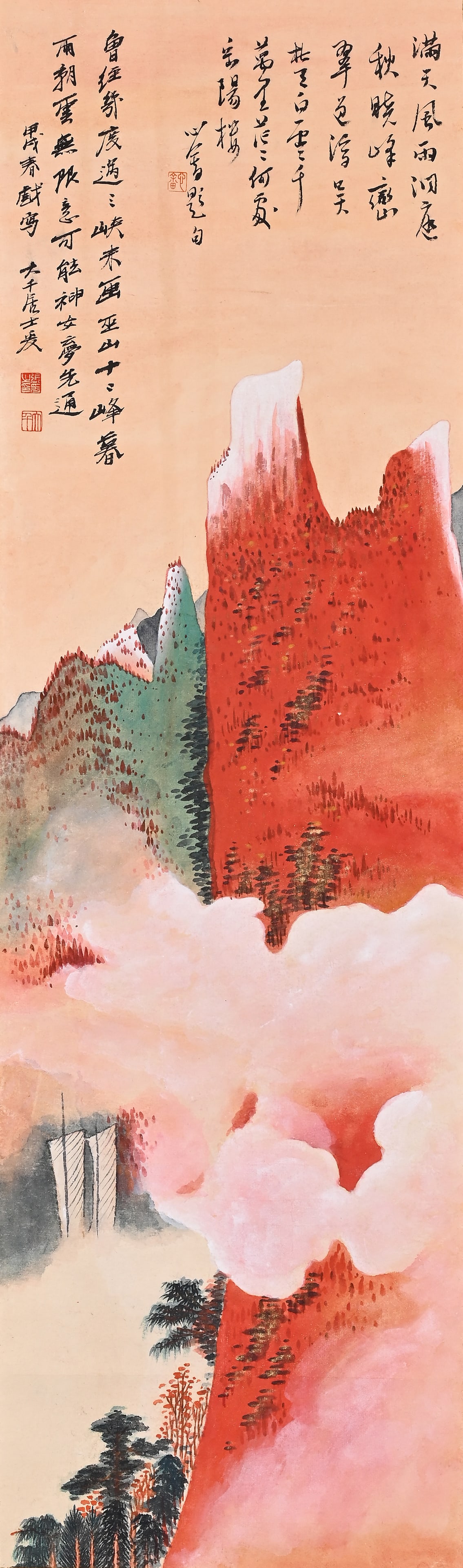 ZHANG DAQIAN (1899-1983) "RED LEAVES OF WUSHAN" LANDSCAPE VERTICAL SCROLL: ZHANG DAQIAN (1899-1983) "RED LEAVES OF WUSHAN" LANDSCAPE VERTICAL SCROLL (112 x 33cm)