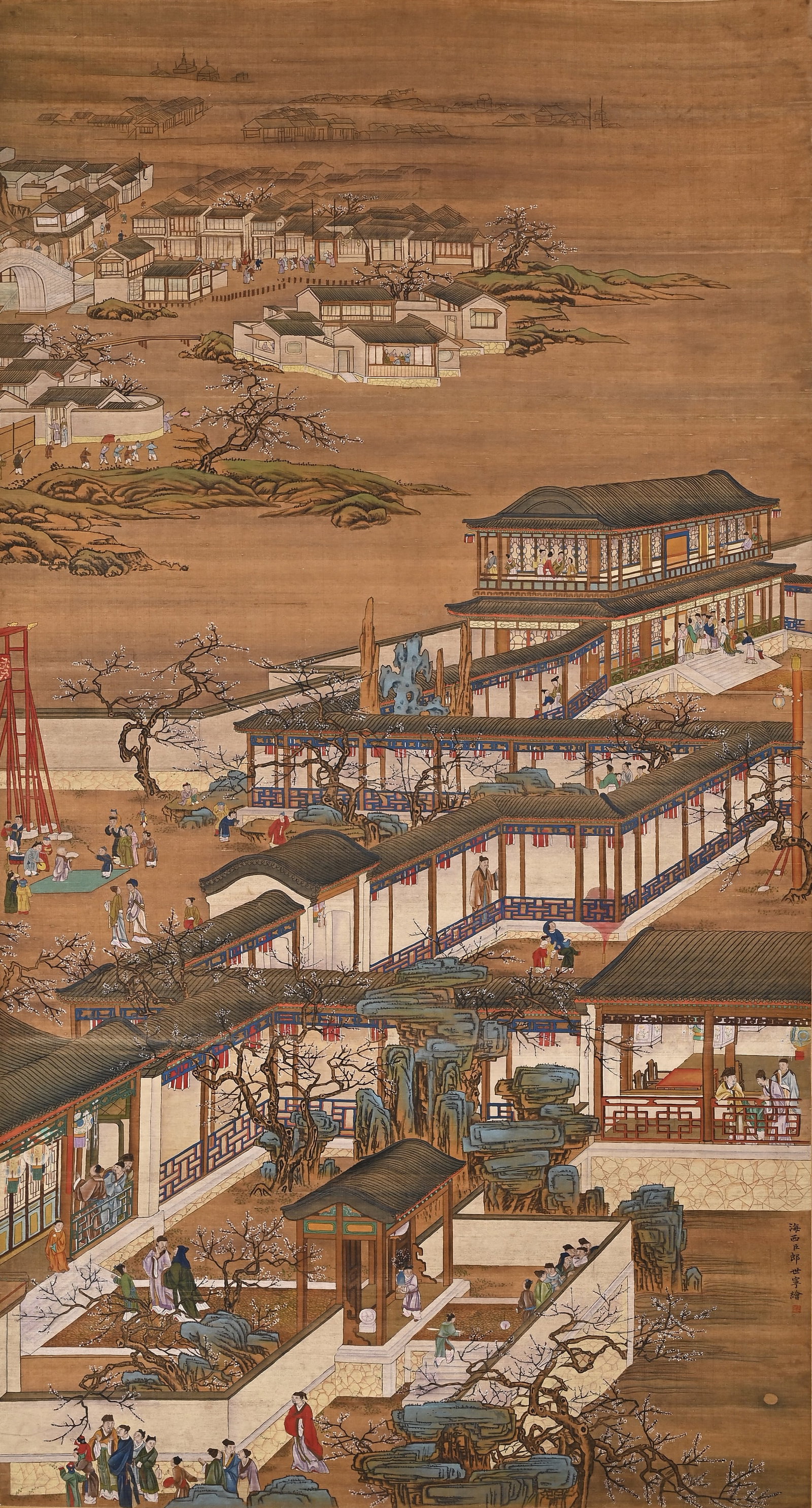 LANG SHINING(1688-1766) ON A SILK SCROLL DEPICTING FIGURES IN THE COURTYARD OF OUR COURT: LANG SHINING(1688-1766) ON A SILK SCROLL DEPICTING FIGURES IN THE COURTYARD OF OUR COURT (170 x 92cm)
