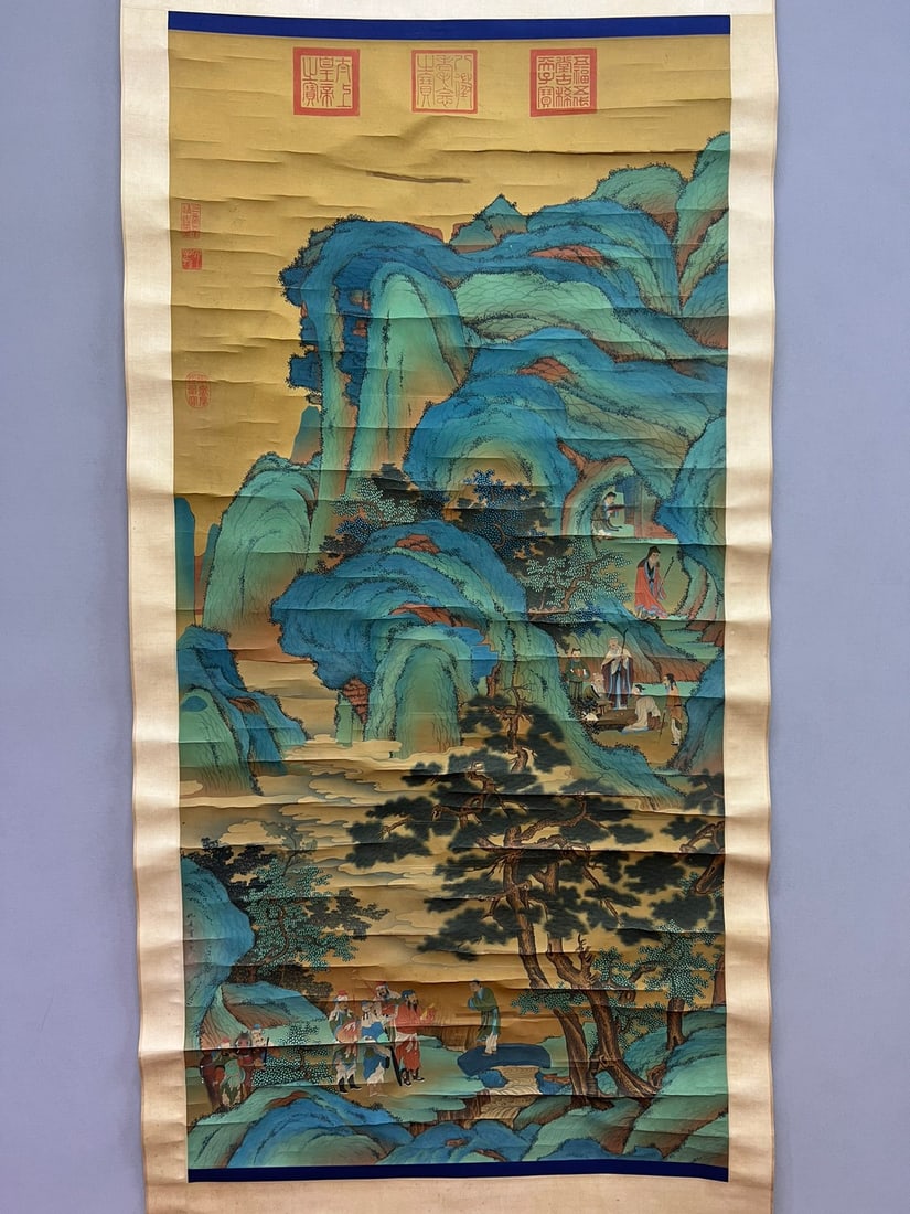 QIU YING (C. 1498-1552) A VERTICAL SCROLL OF GREEN AND BLUE LANDSCAPE AND FIGURE ON SILK: QIU YING (C. 1498-1552) A VERTICAL SCROLL OF GREEN AND BLUE LANDSCAPE AND FIGURE ON SILK (67 x 140cm)