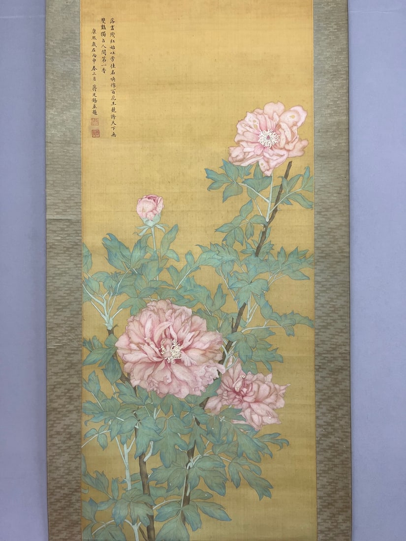 A FINE PAINTING OF PEONIES ON SILK BY JIANG TINGXI (1669-1732): A FINE PAINTING OF PEONIES ON SILK BY JIANG TINGXI (1669-1732) (50 x 120cm)