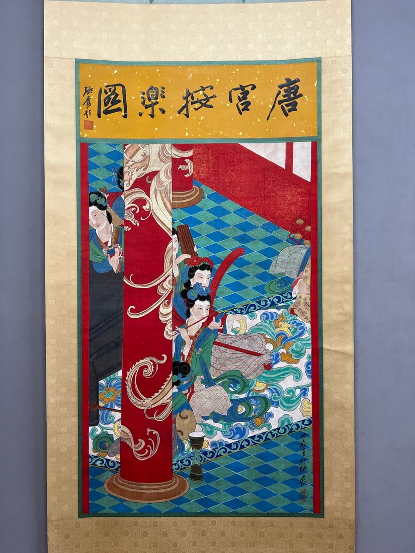 ZHANG DAQIAN (1899-1983), TANG PALACE MUSIC PAINTING, FIGURE STANDING SCROLL (1 of 12)