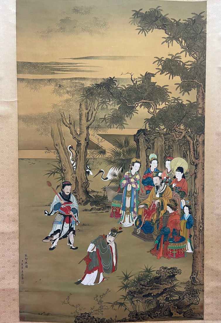 JIAO BINGZHEN(DATE OF BIRTH AND DEATH UNKNOWN) COPIED ANCIENT SILK FIGURE SCROLL: JIAO BINGZHEN(DATE OF BIRTH AND DEATH UNKNOWN) COPIED ANCIENT SILK FIGURE SCROLL (82 x 141cm)