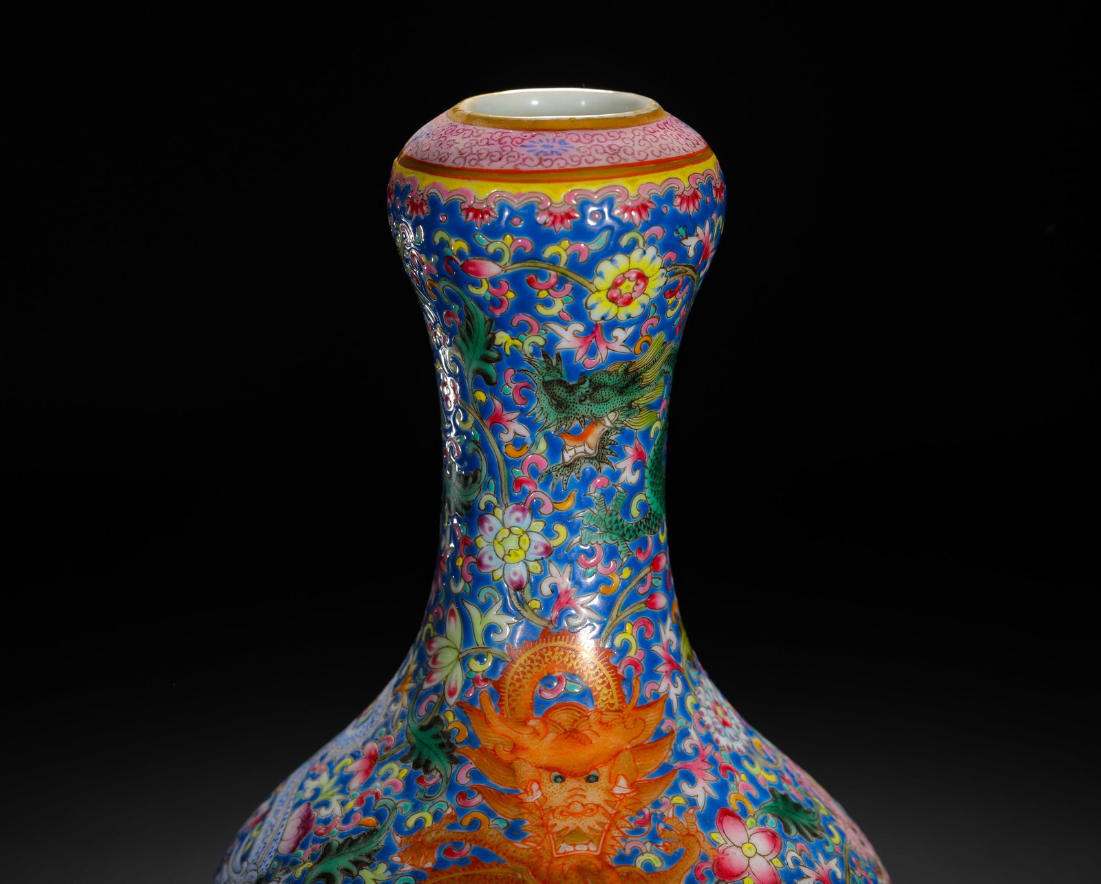 BLUE GROUND POLYCHROME DRAGON-THREADED GARLIC-SHAPED VASE - 2