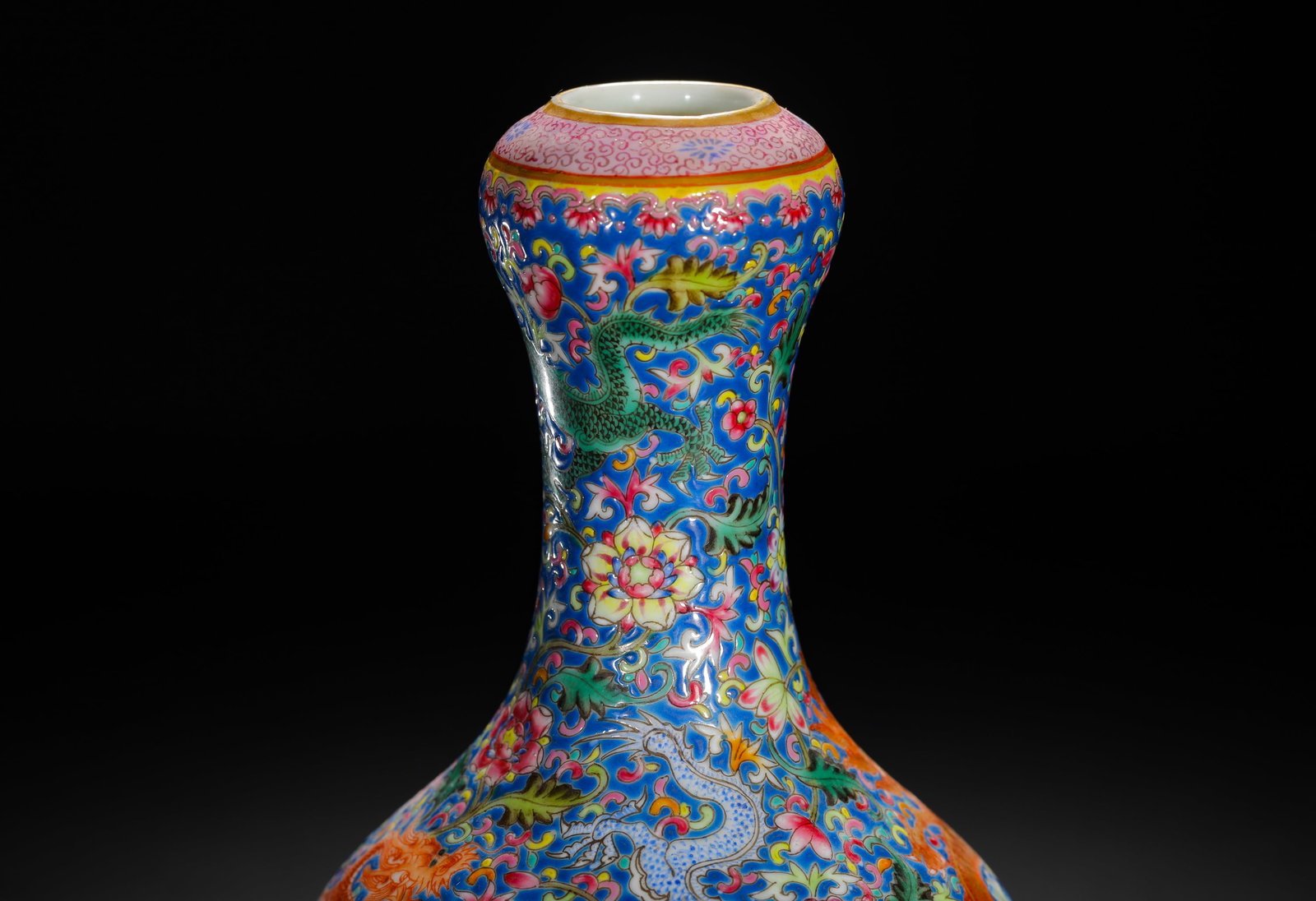 BLUE GROUND POLYCHROME DRAGON-THREADED GARLIC-SHAPED VASE - 5