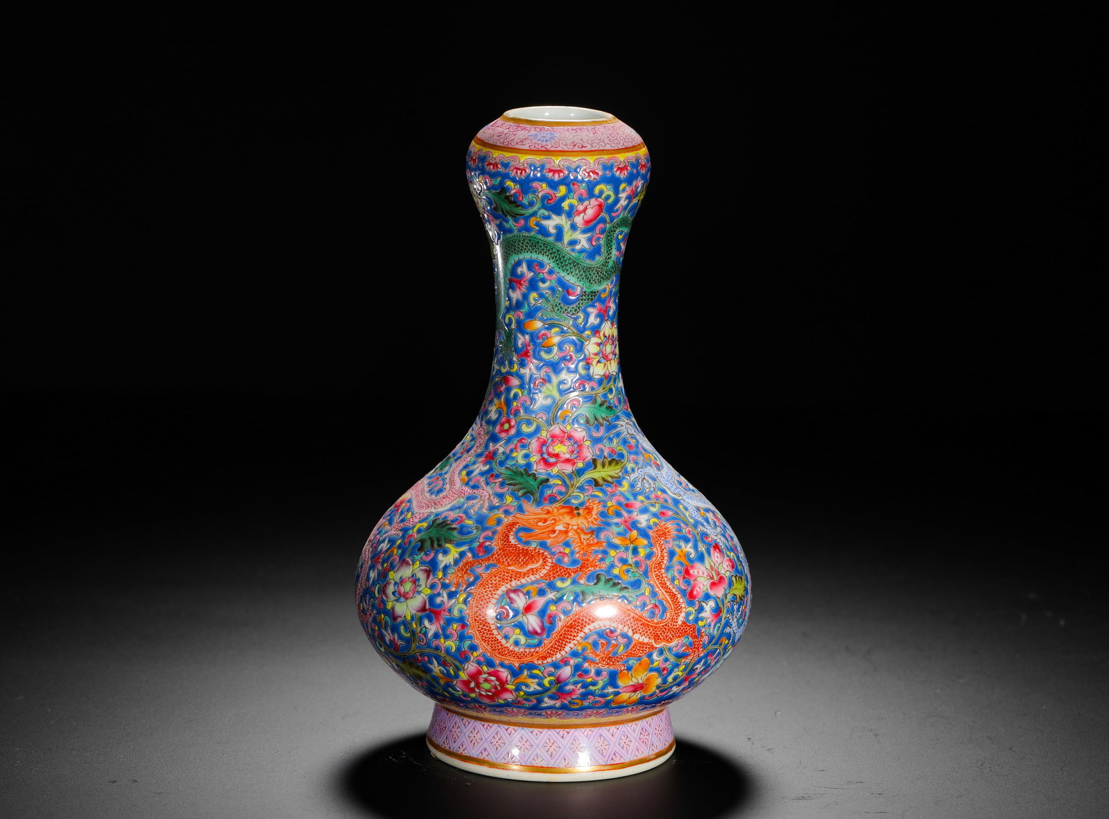 BLUE GROUND POLYCHROME DRAGON-THREADED GARLIC-SHAPED VASE - 6