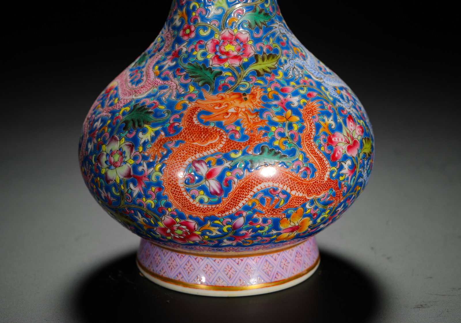BLUE GROUND POLYCHROME DRAGON-THREADED GARLIC-SHAPED VASE - 7