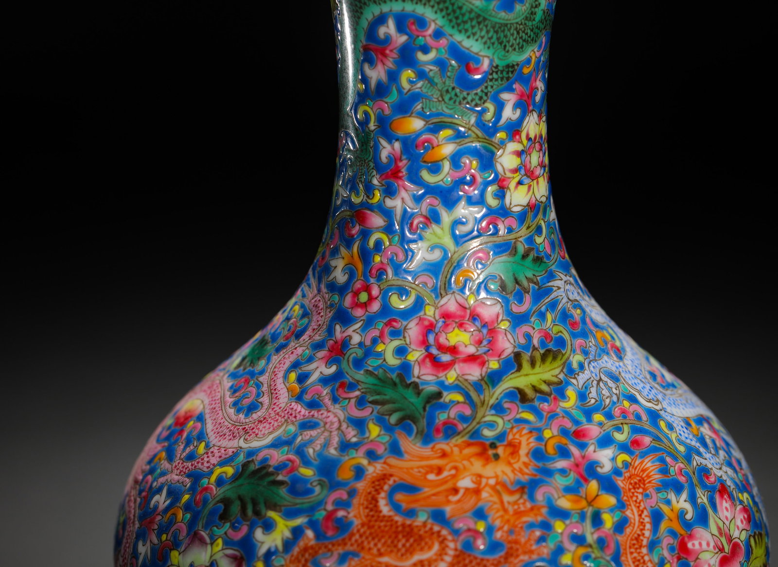 BLUE GROUND POLYCHROME DRAGON-THREADED GARLIC-SHAPED VASE - 8