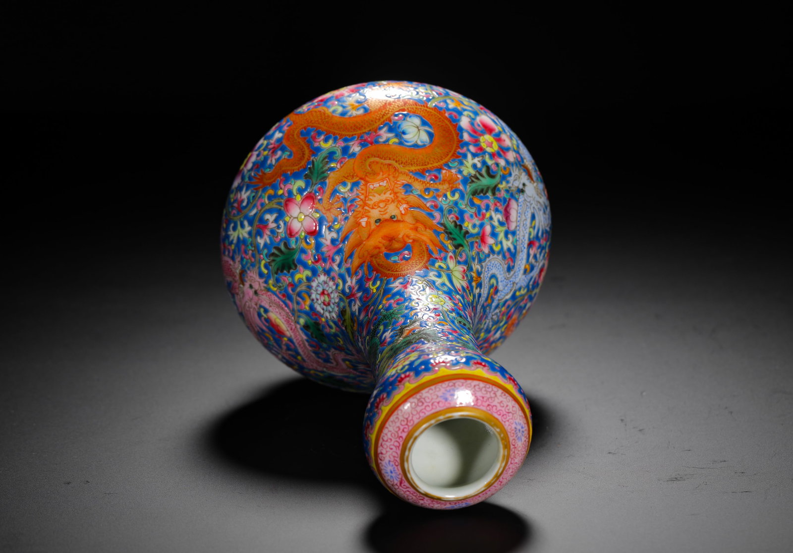 BLUE GROUND POLYCHROME DRAGON-THREADED GARLIC-SHAPED VASE - 9