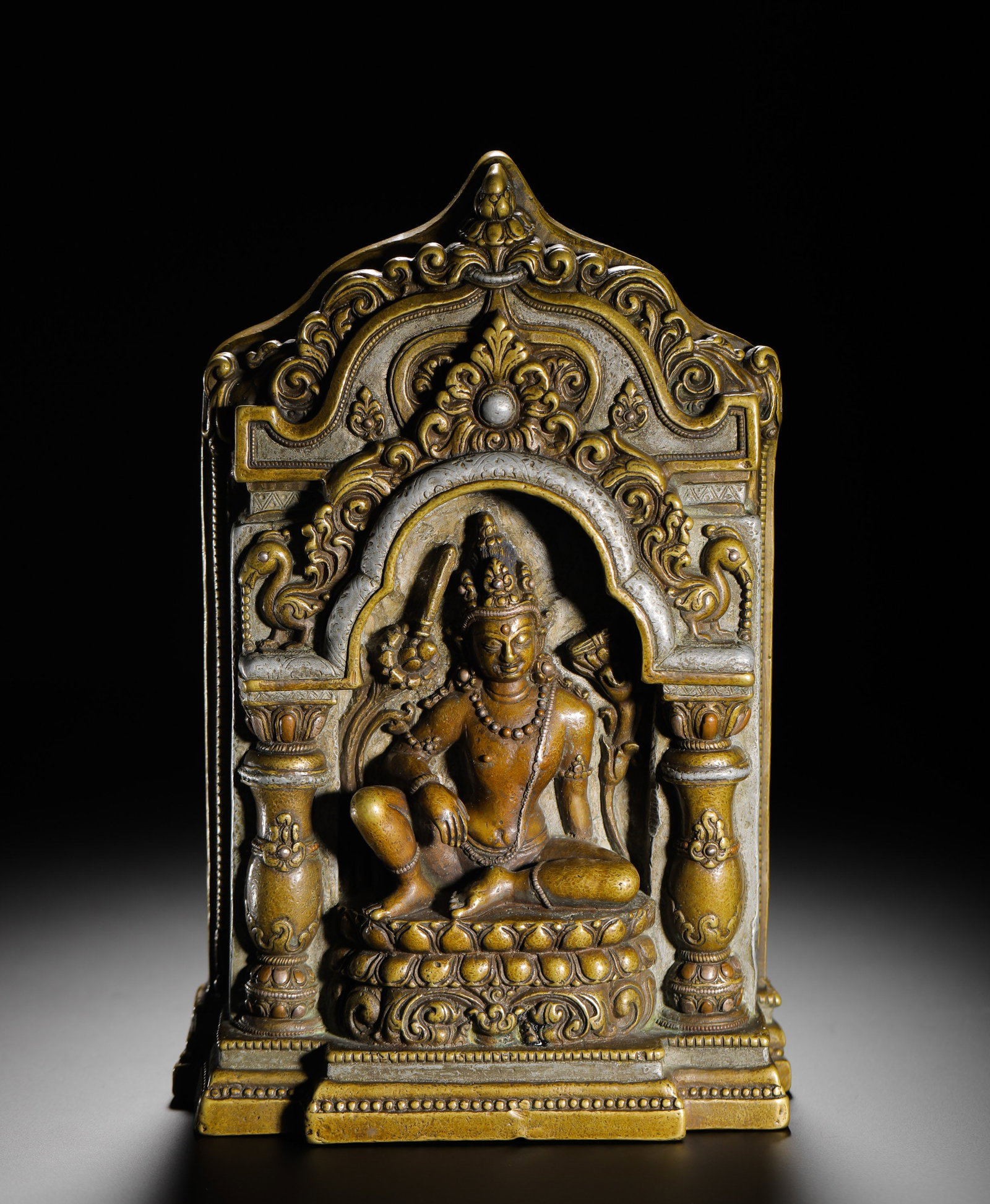 COPPER ALLOY INLAID SILVER MANJUSRI BODHISATTVA NICHE: COPPER ALLOY INLAID SILVER MANJUSRI BODHISATTVA NICHE (22 x 14cm,Weight:2230g)
