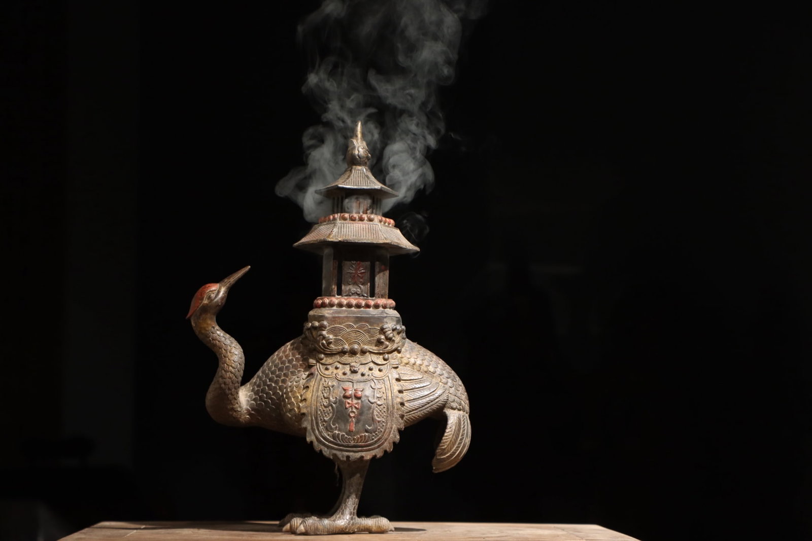 BRONZE CRANE PAVILION INCENSE BURNER: BRONZE CRANE PAVILION INCENSE BURNER (46cm)