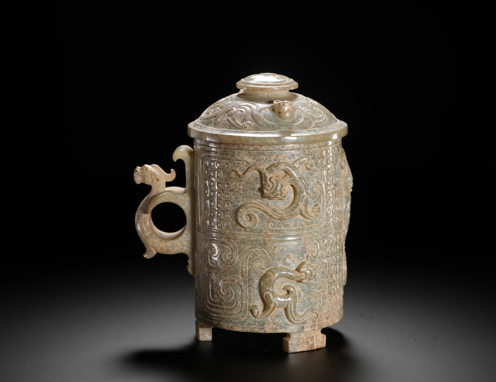 HETIAN JADE FOUR GODS PATTERNED COVERED CUP - 8