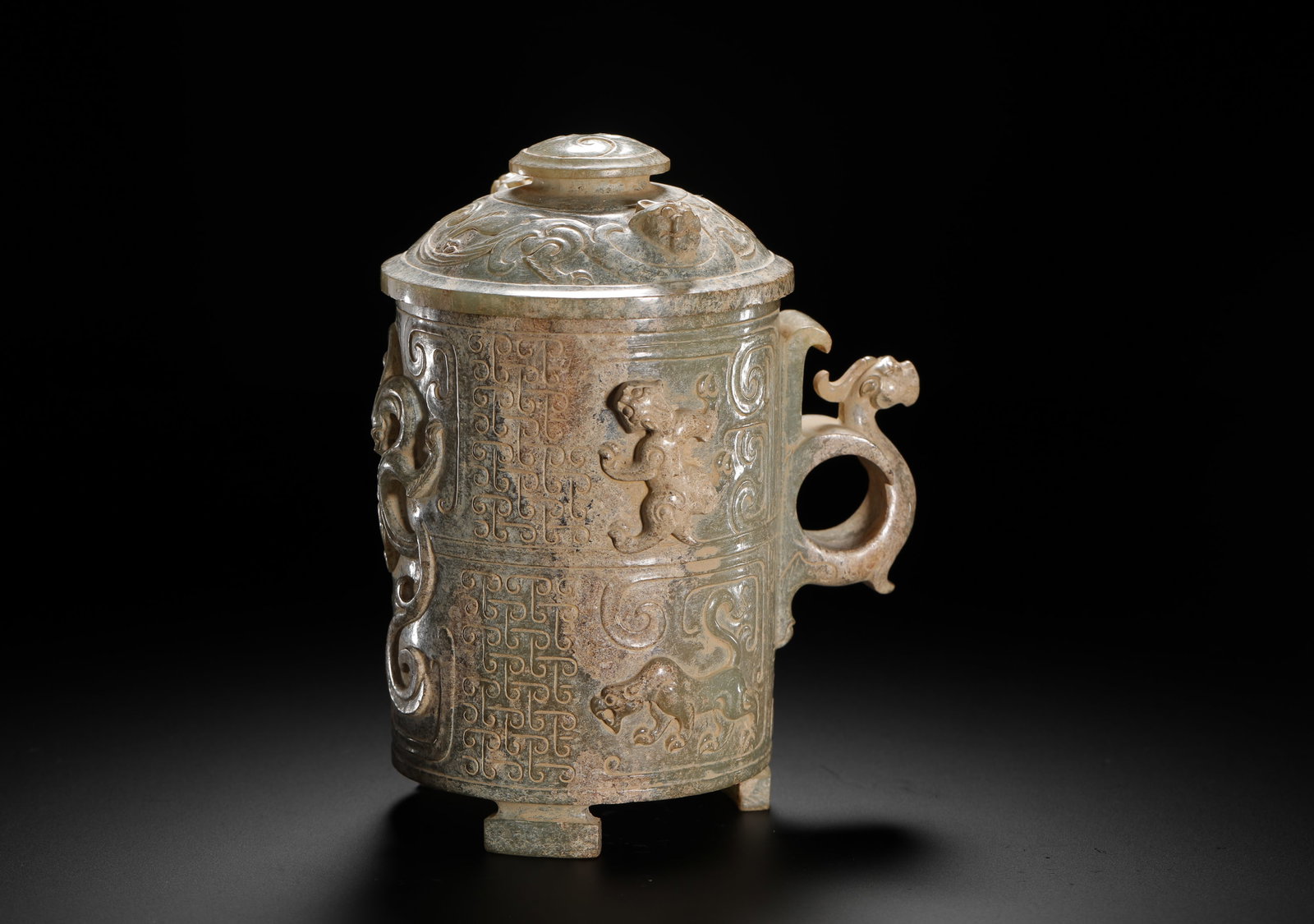 HETIAN JADE FOUR GODS PATTERNED COVERED CUP - 9