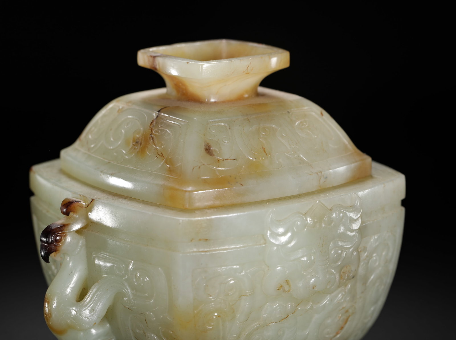 HETIAN JADE PHOENIX EAR BEAST FACE PATTERN SQUARE LID BOX - 3