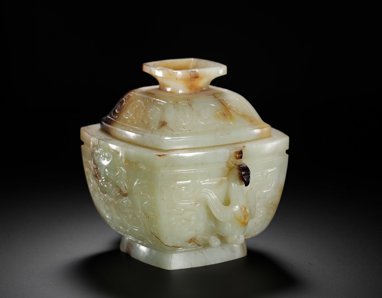 HETIAN JADE PHOENIX EAR BEAST FACE PATTERN SQUARE LID BOX - 4