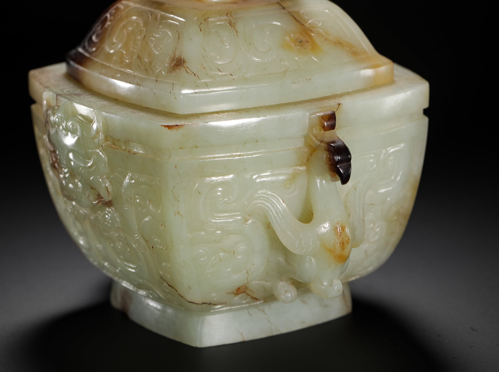 HETIAN JADE PHOENIX EAR BEAST FACE PATTERN SQUARE LID BOX - 5