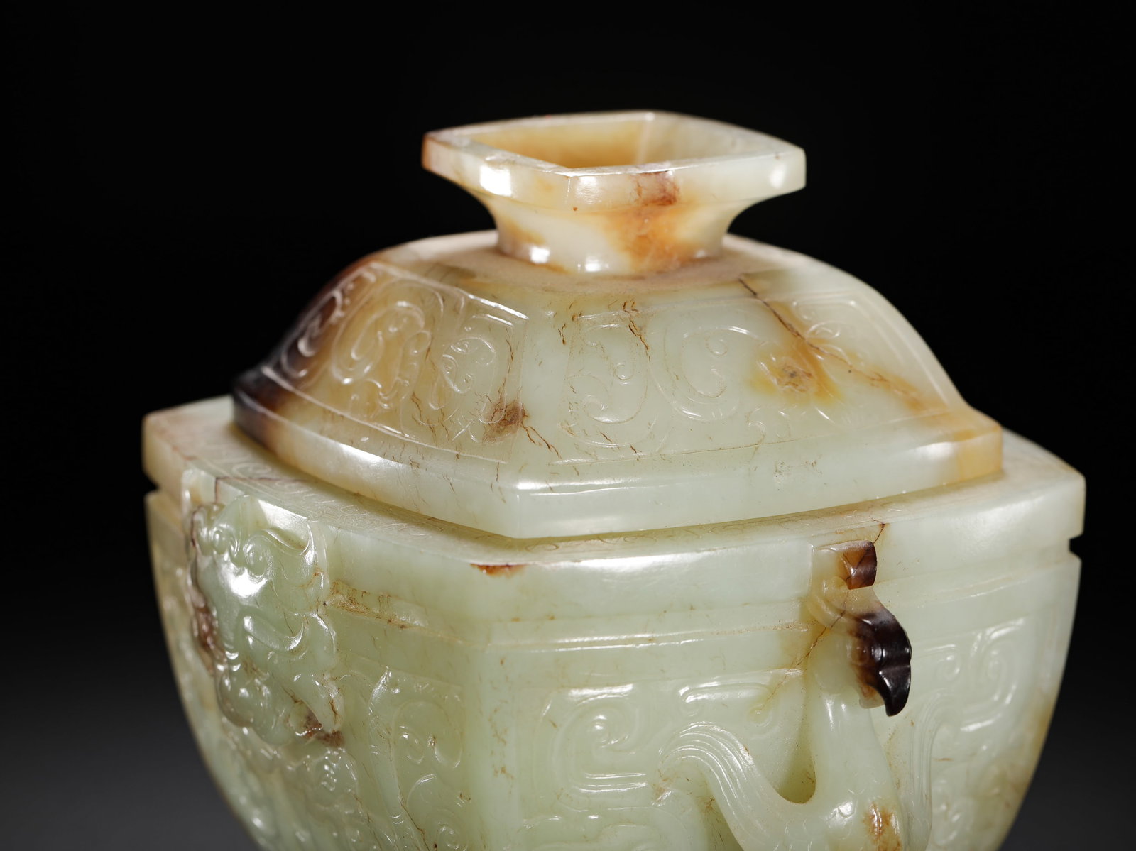 HETIAN JADE PHOENIX EAR BEAST FACE PATTERN SQUARE LID BOX - 6