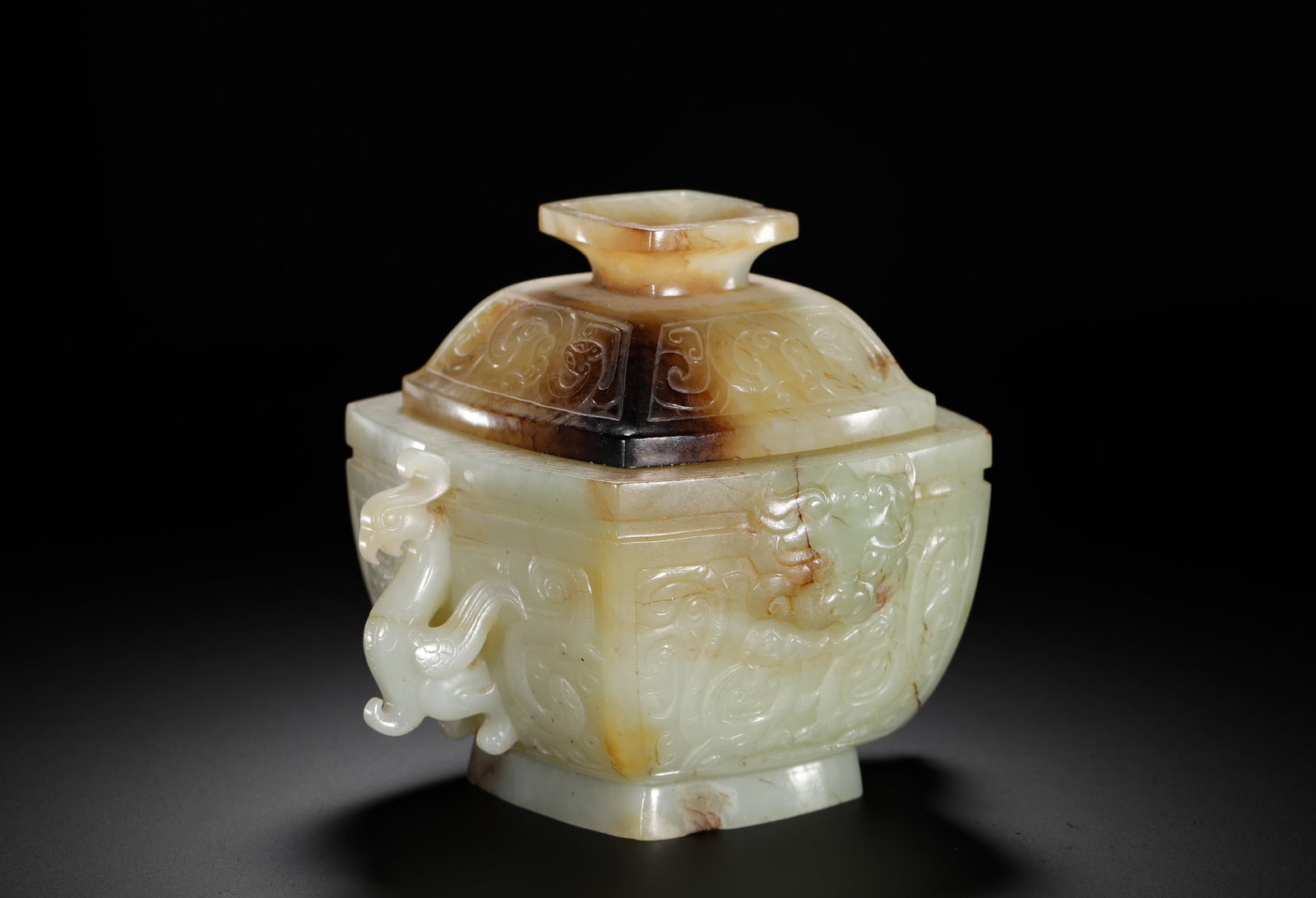 HETIAN JADE PHOENIX EAR BEAST FACE PATTERN SQUARE LID BOX - 7