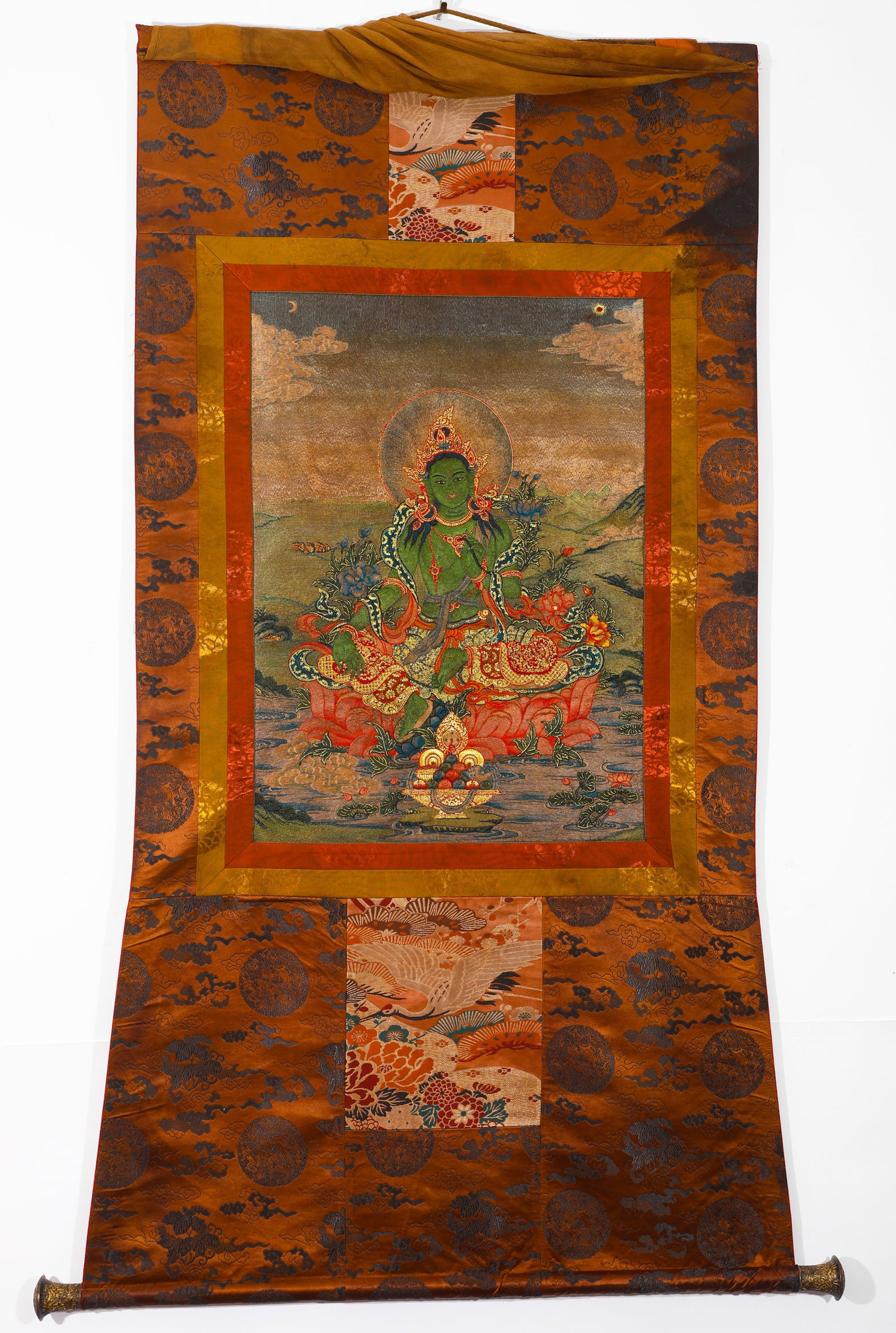BROCADE GREEN TARA THANGKA: BROCADE GREEN TARA THANGKA (146 x 73cm)