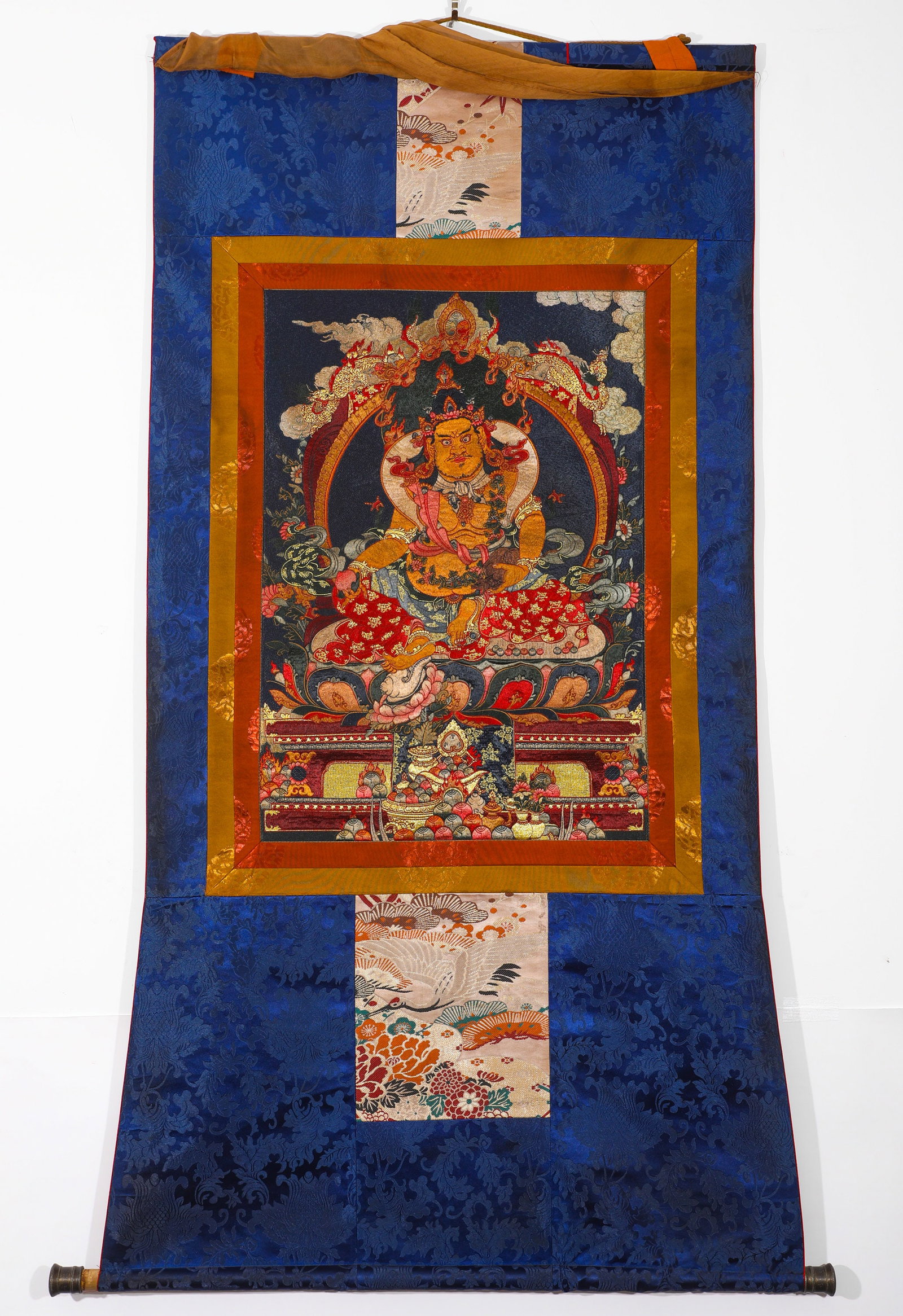 BROCADE YELLOW GOD OF WEALTH THANGKA: BROCADE YELLOW GOD OF WEALTH THANGKA (150 x 73cm)