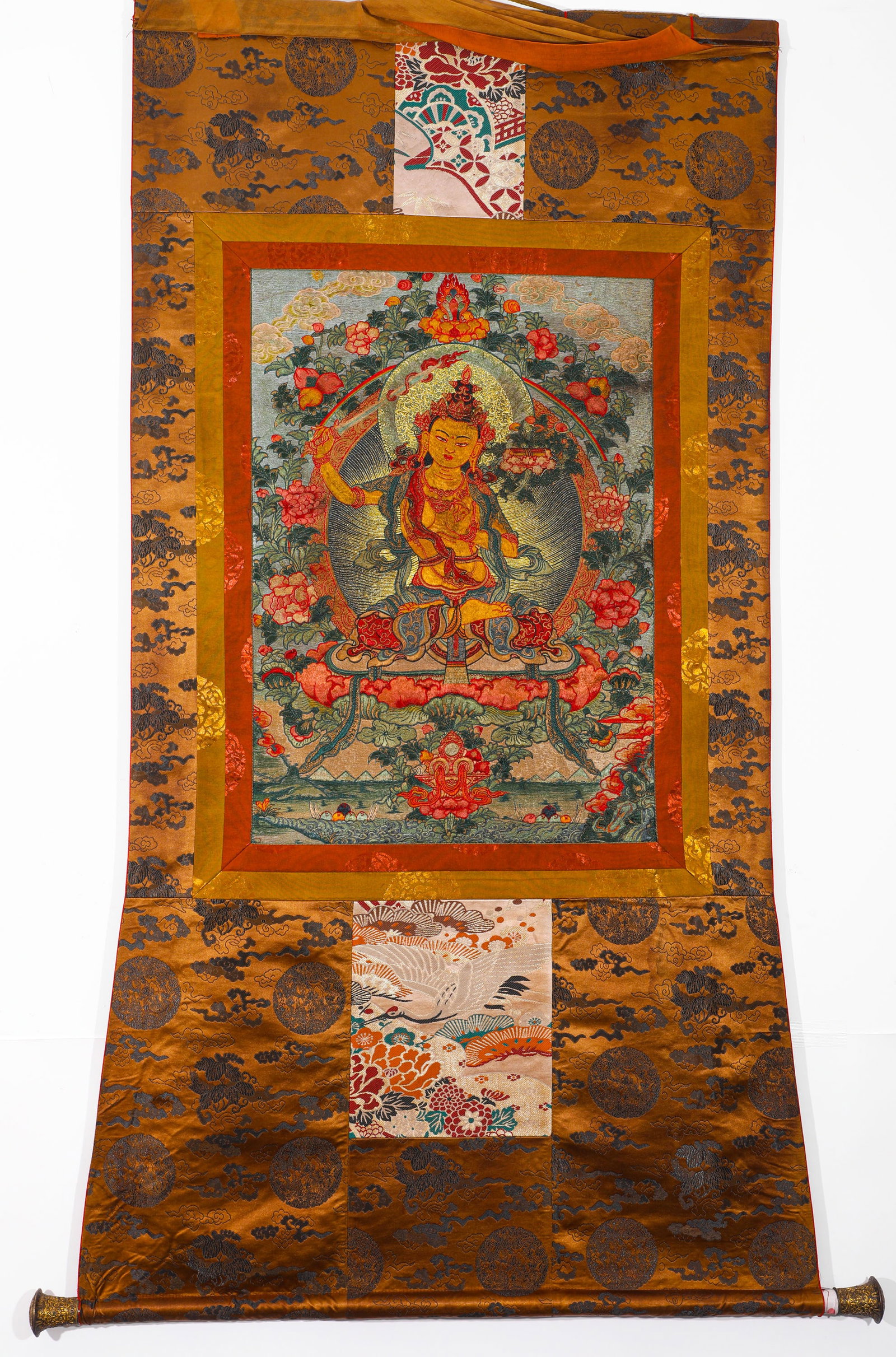 BROCADE MANJUSRI BODHISATTVA THANGKA: BROCADE MANJUSRI BODHISATTVA THANGKA (150 x 75cm)