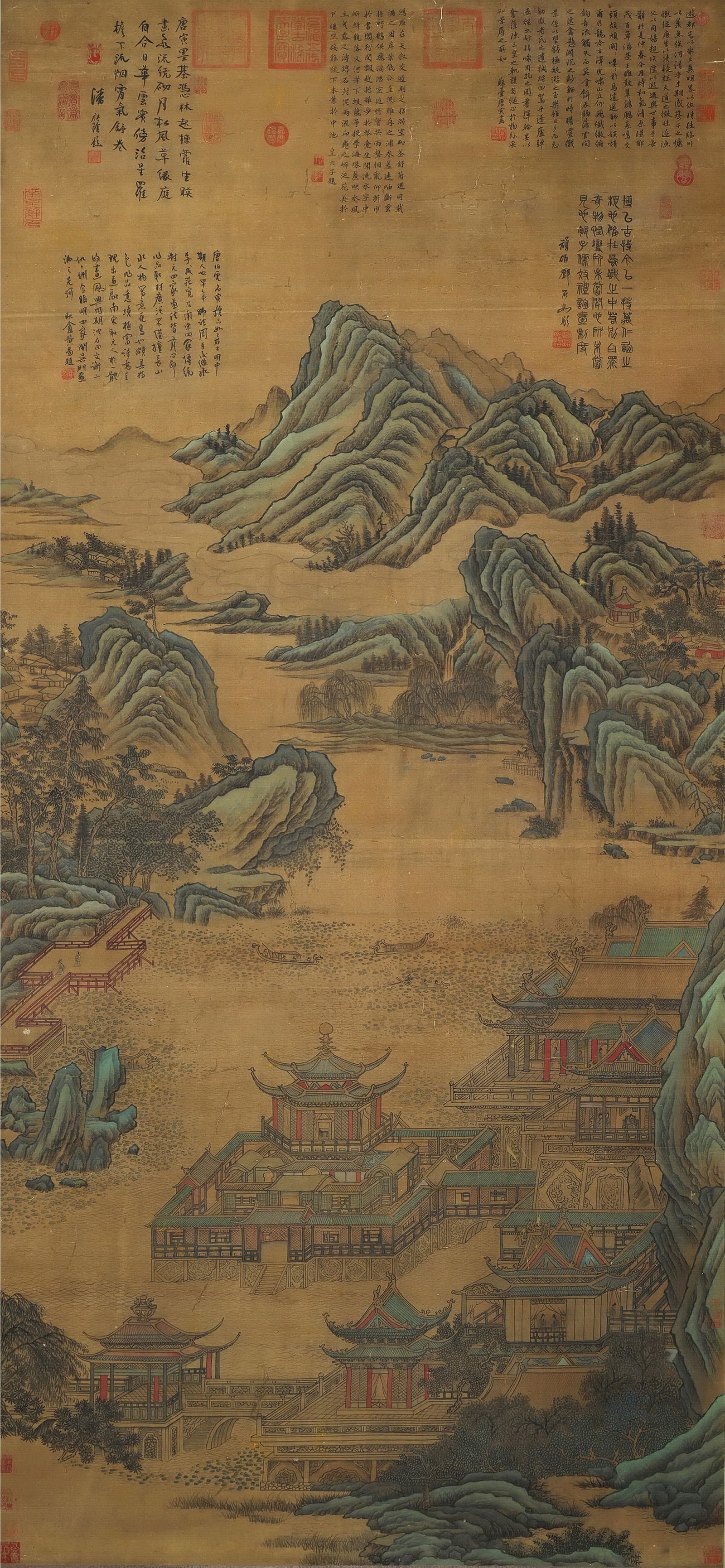 Tang Yin mark, Chinese Pavilion and Landscape painting. Ink and Color on Silk, Hanging Scroll: Tang Yin mark, Chinese Pavilion and Landscape painting. Ink and Color on Silk, Hanging Scroll (211 x 100cm)