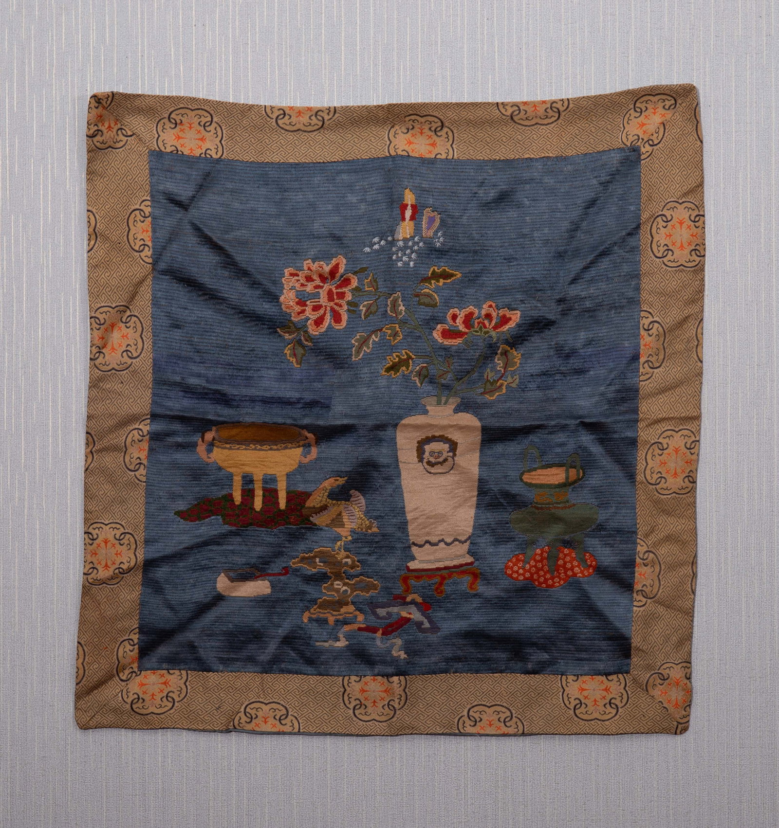 A CHINESE BROCADE AUSPICIOUS STILL LIFE EMBROIDERY PANEL: A CHINESE BROCADE AUSPICIOUS STILL LIFE EMBROIDERY PANEL (65 x 63cm)