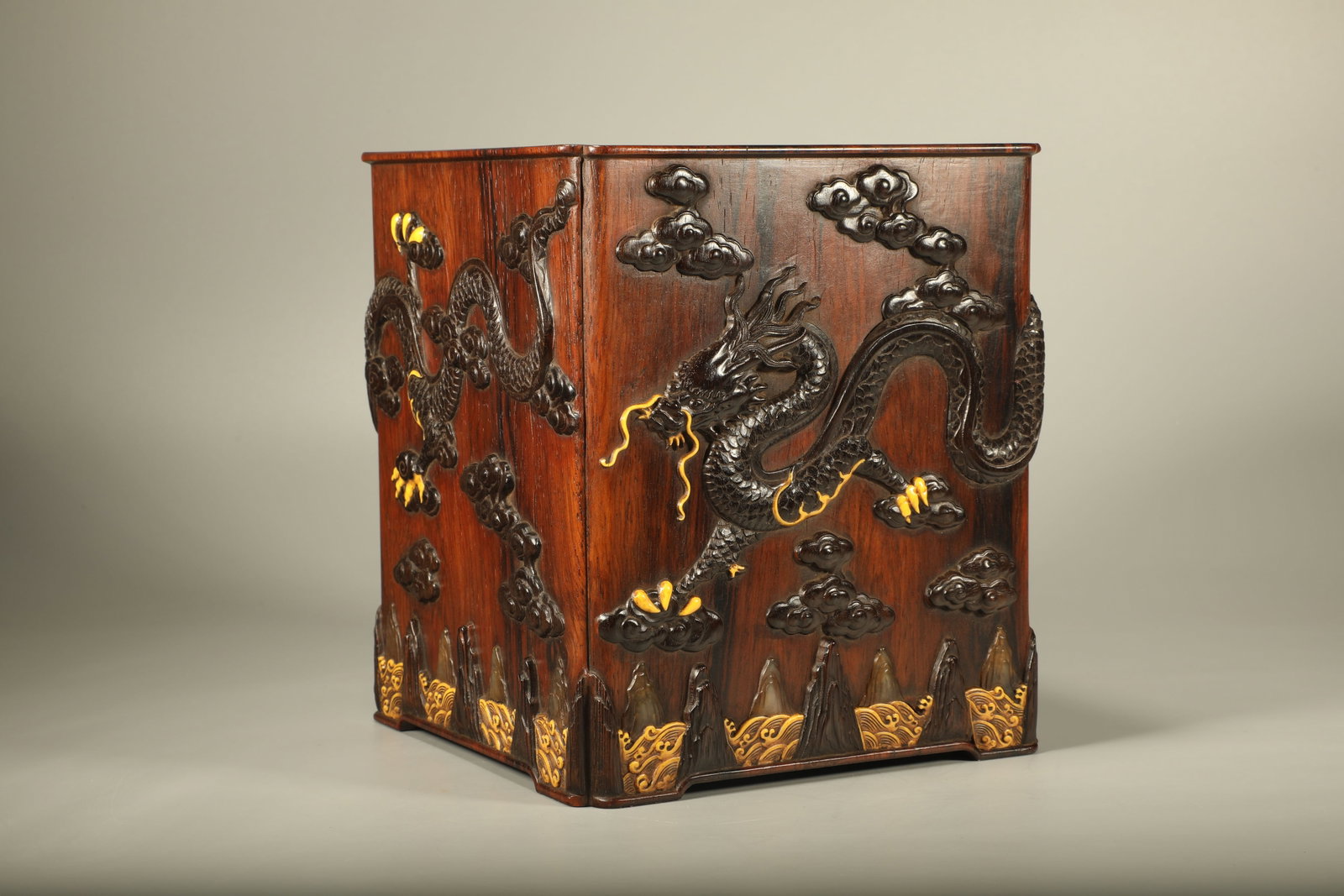 Huanghuali Wood Inlaid Red Sandalwood Carved Dragon and Cloud Pattern Brush Pot: Huanghuali Wood Inlaid Red Sandalwood Carved Dragon and Cloud Pattern Brush Pot (20 x 18cm)