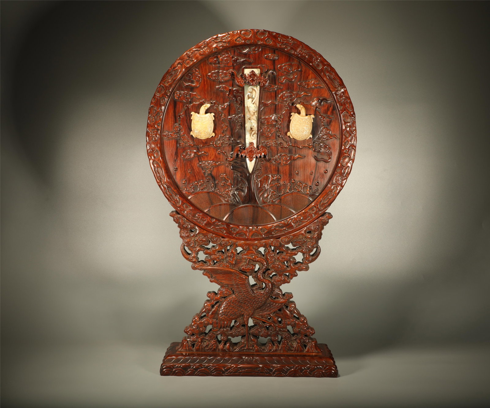 Huanghuali Wood Inlaid Jade Carved Turtle Pattern Table Plaque: Huanghuali Wood Inlaid Jade Carved Turtle Pattern Table Plaque (79 x 41 x 14cm)