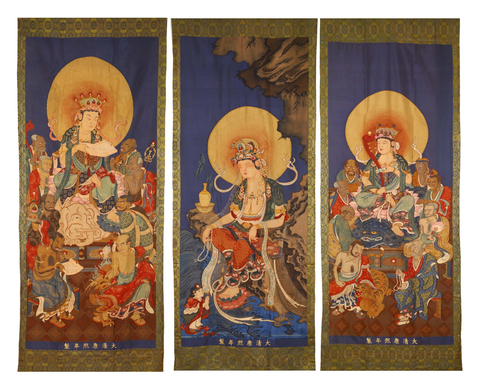 A SET OF CHINESE KESI THANGKAS OF BODHISATTVAS: A SET OF CHINESE KESI THANGKAS OF BODHISATTVAS (320 x 106cm)