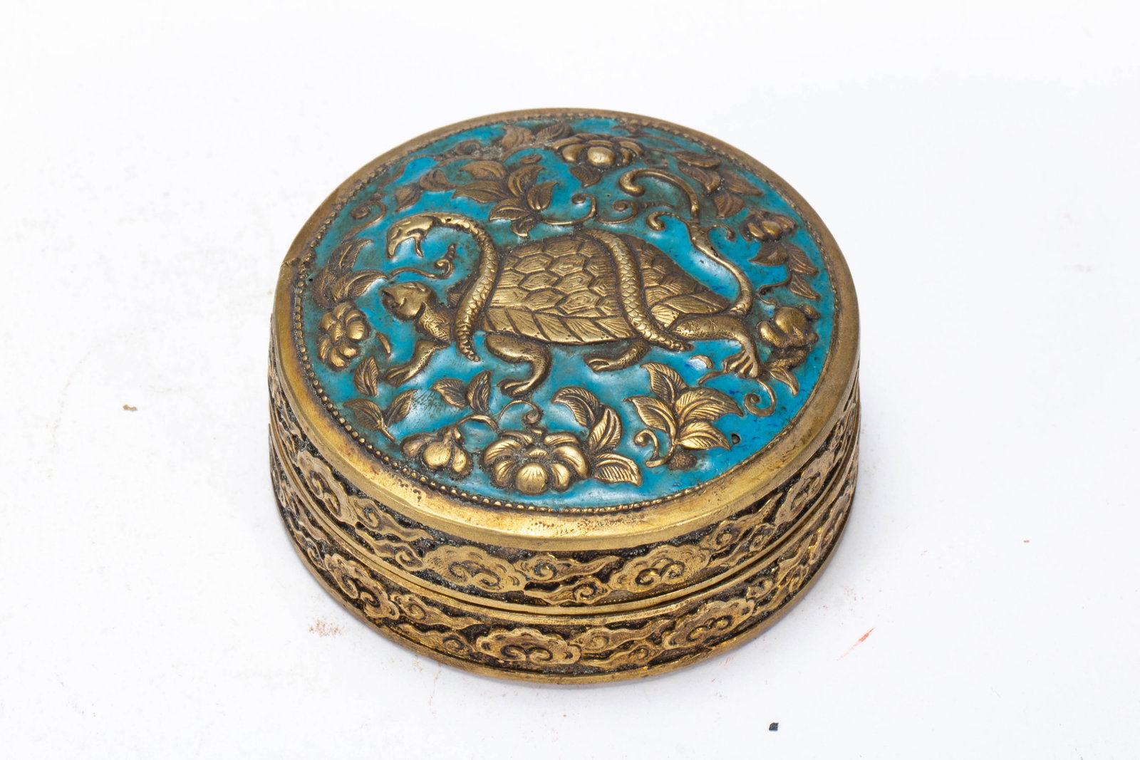 A CHINESE GILT BRONZE ENAMEL COVERED BOX (1 of 6)