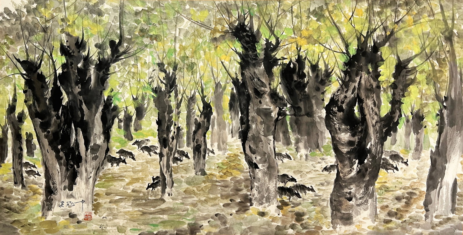 Wu Guanzhong mark, Chinese Forest painting. Ink and Color on Paper, Mounted: Wu Guanzhong mark, Chinese Forest painting. Ink and Color on Paper, Mounted (136 x 68cm)