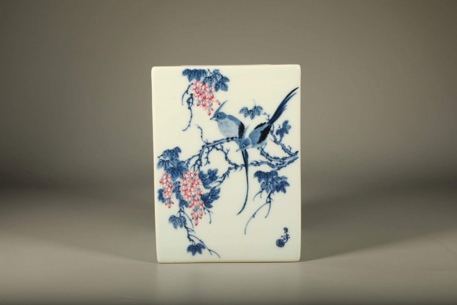 Blue and White Flower and Bird & Poetry Pattern Porcelain Brush Pot,Wang Bu Mark: Blue and White Flower and Bird & Poetry Pattern Porcelain Brush Pot,Wang Bu Mark (15.8 x 11.7cm)