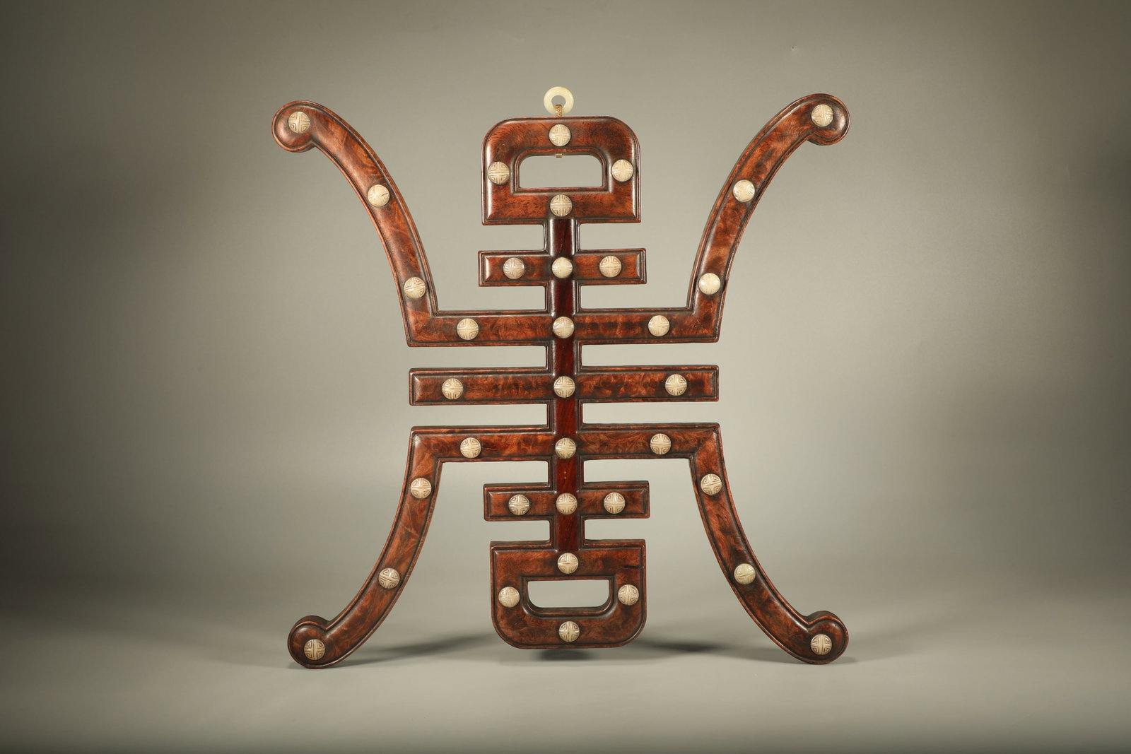 Huanghuali Wood Inlaid Jade Carved Shou Shape Wall Panel: Huanghuali Wood Inlaid Jade Carved Shou Shape Wall Panel (39 x 39 x 2cm)