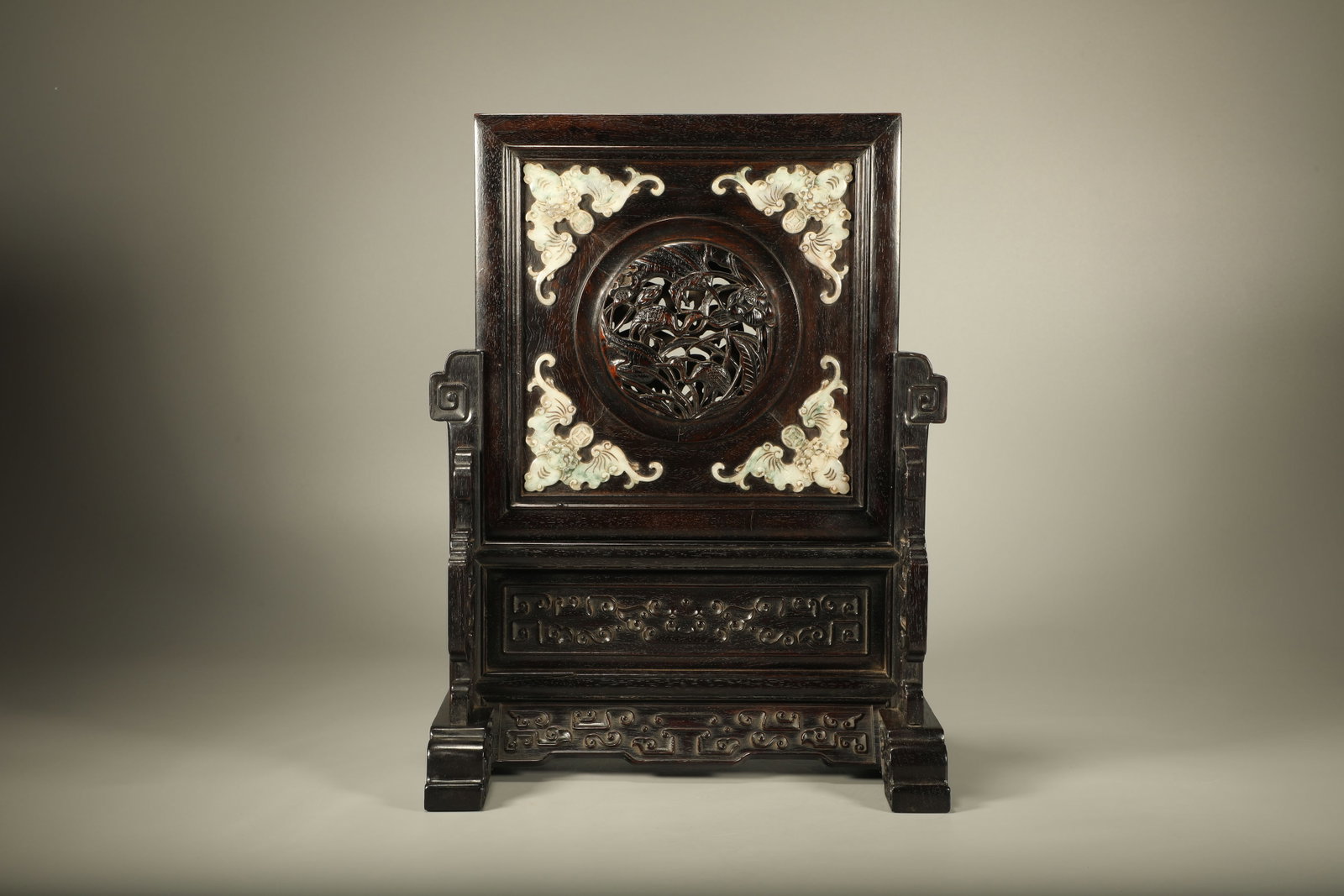 Red Sandalwood Inlaid Jadeite Carved Crane and Bat Pattern Table Plaque: Red Sandalwood Inlaid Jadeite Carved Crane and Bat Pattern Table Plaque (33.5 x 24.5 x 15.5cm)