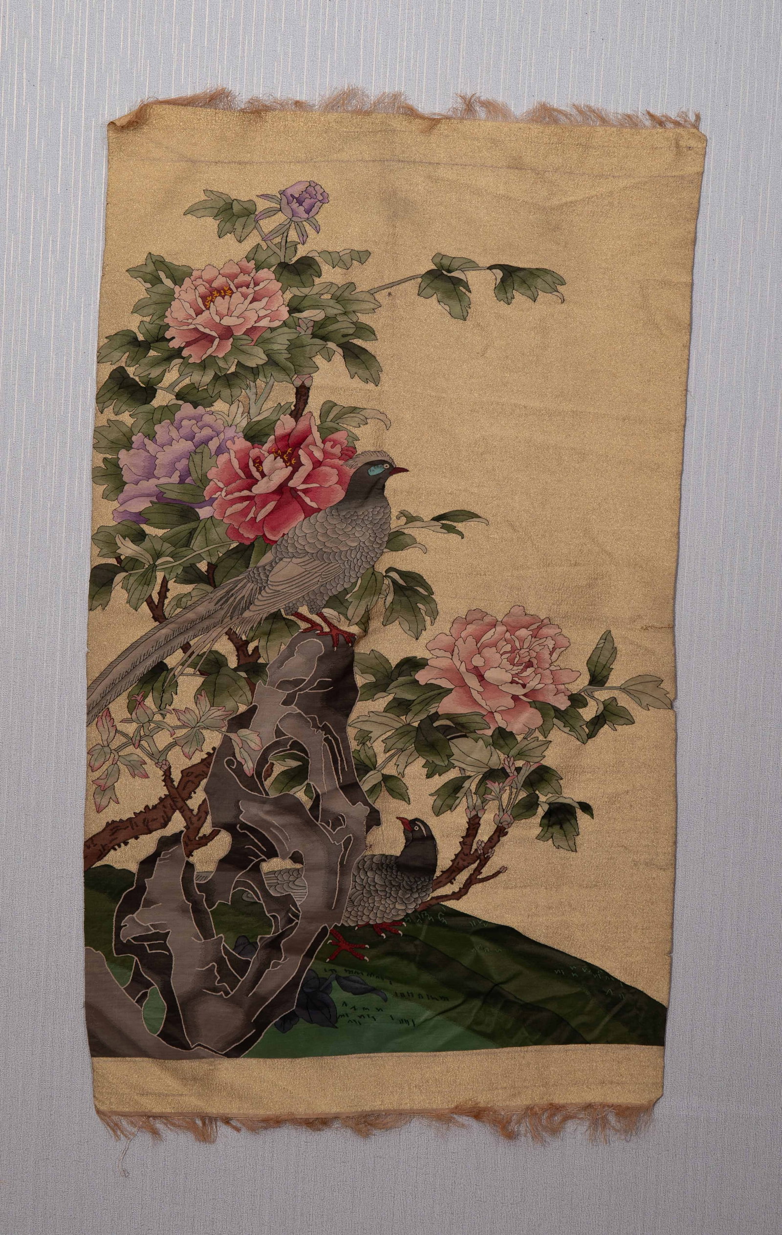 A CHINESE KESI "BIRDS AND PEONIES" TEXTILE PANEL (1 of 10)