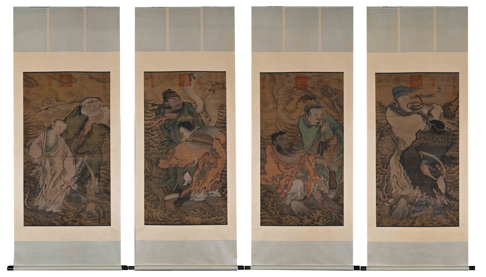 A SET OF FOUR CHINESE PAINTINGS OF IMMORTALS, SIGNED TANG YIN: A SET OF FOUR CHINESE PAINTINGS OF IMMORTALS, SIGNED TANG YIN (133 x 72cm)