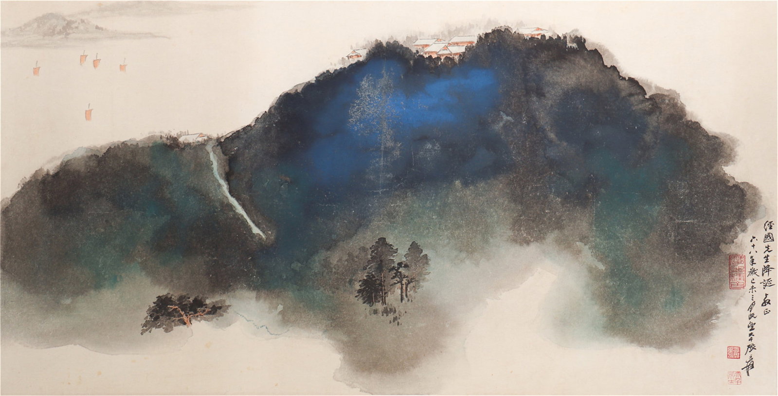 A CHINESE PAINTING OF SPLASH LANDSCAPE, SIGNED ZHANG DAQIAN: A CHINESE PAINTING OF SPLASH LANDSCAPE, SIGNED ZHANG DAQIAN (107 x 55cm)