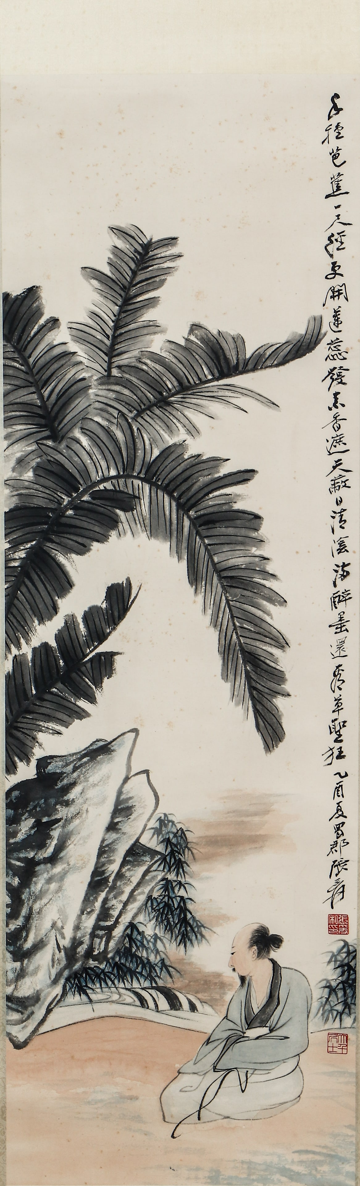 A CHINESE PAINTING OF SCHOLAR UNDER PLANTAINS, SIGNED ZHANG DAQIAN: A CHINESE PAINTING OF SCHOLAR UNDER PLANTAINS, SIGNED ZHANG DAQIAN (101 x 32cm)