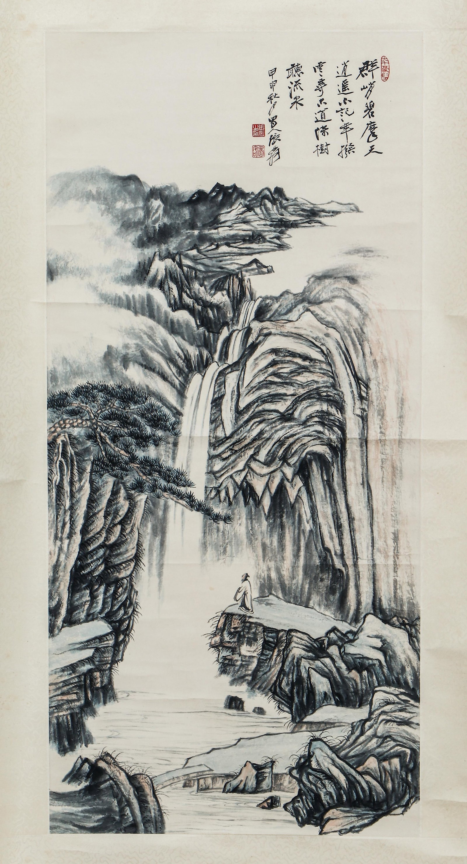 A CHINESE PAINTING OF SCHOLAR VIEWING WATERFALL, SIGNED ZHANG DAQIAN: A CHINESE PAINTING OF SCHOLAR VIEWING WATERFALL, SIGNED ZHANG DAQIAN (95 x 44cm)