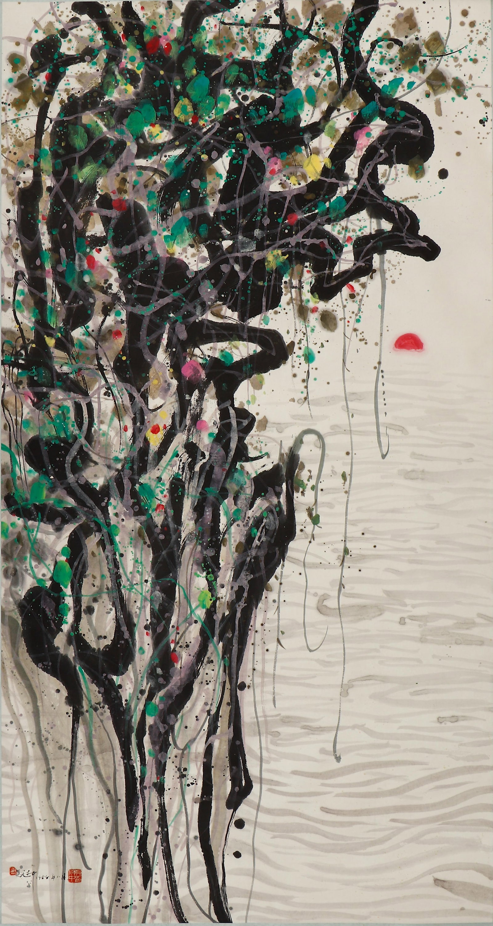 A CHINESE PAINTING OF BANYAN BY WATER, SIGNED WU GUANZHONG: A CHINESE PAINTING OF BANYAN BY WATER, SIGNED WU GUANZHONG (178 x 94cm)