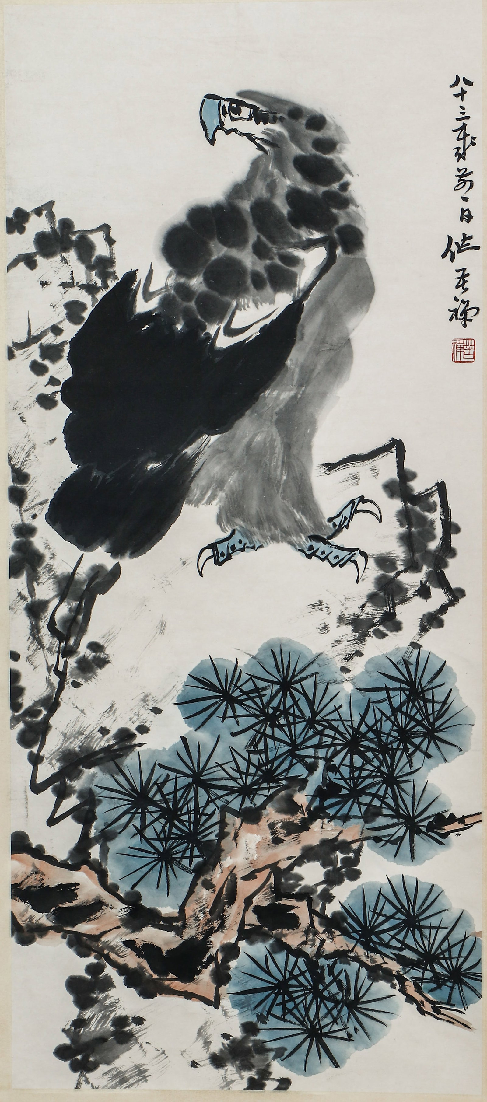 A CHINESE PAINTING OF EAGLE ON PINE, SIGNED LI KUCHAN: A CHINESE PAINTING OF EAGLE ON PINE, SIGNED LI KUCHAN (136 x 59cm)