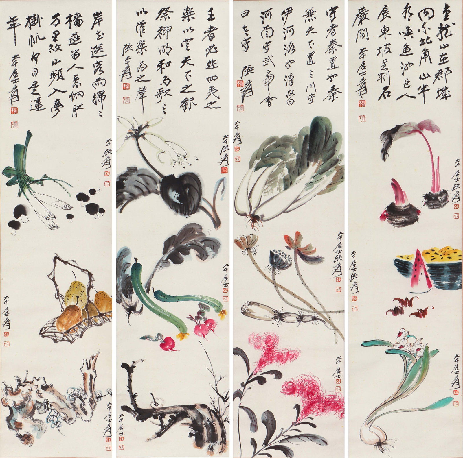 A CHINESE PAINTING OF FRUITS & VEGETABLES FOUR SCREENS, SIGNED ZHANG DAQIAN (1 of 16)