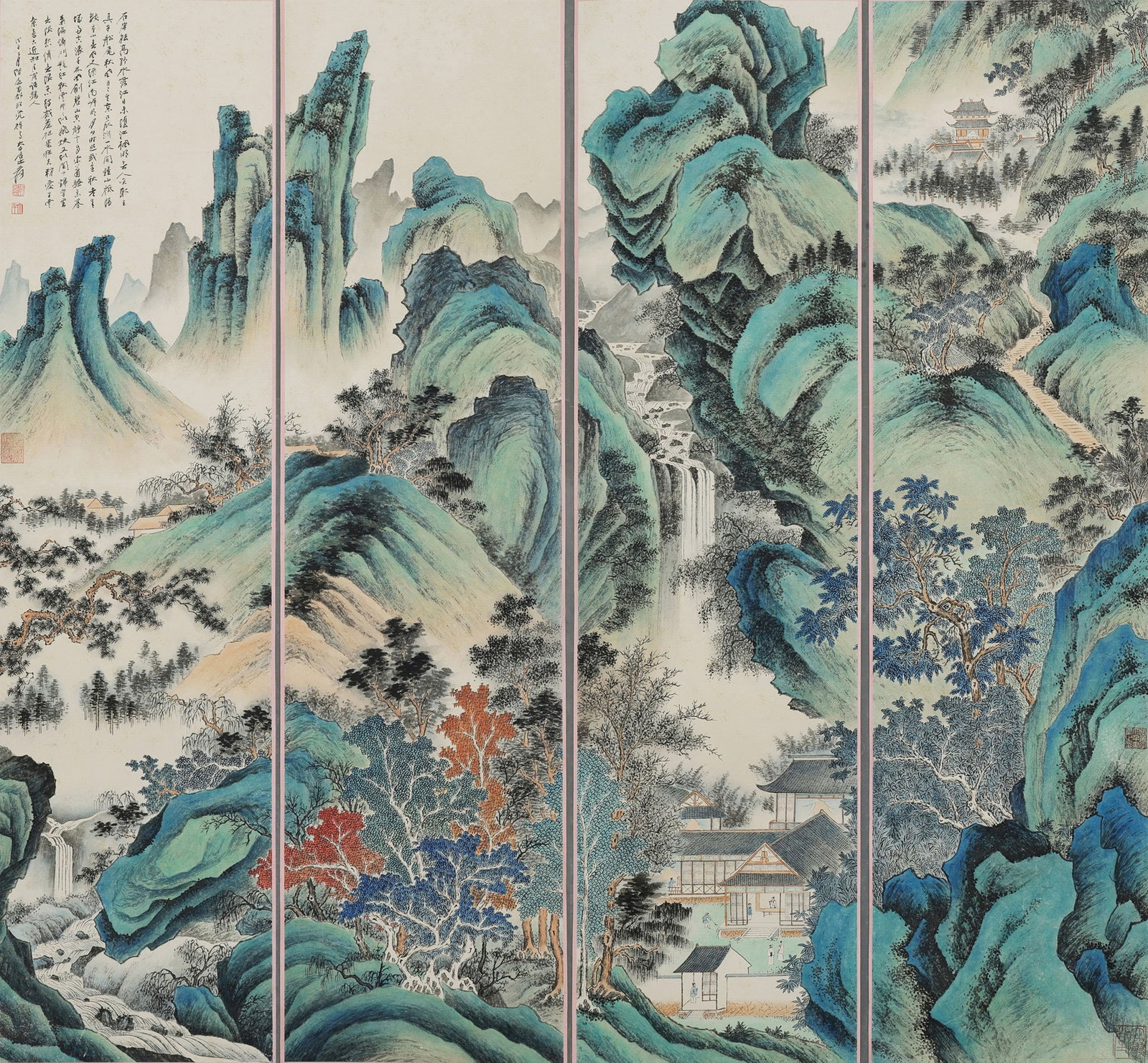 Zhang Daqian mark, Four Chinese Landscape paintings. Ink and Color on Paper, Hanging Scroll: Zhang Daqian mark, Four Chinese Landscape paintings. Ink and Color on Paper, Hanging Scroll (140 x 131cm)
